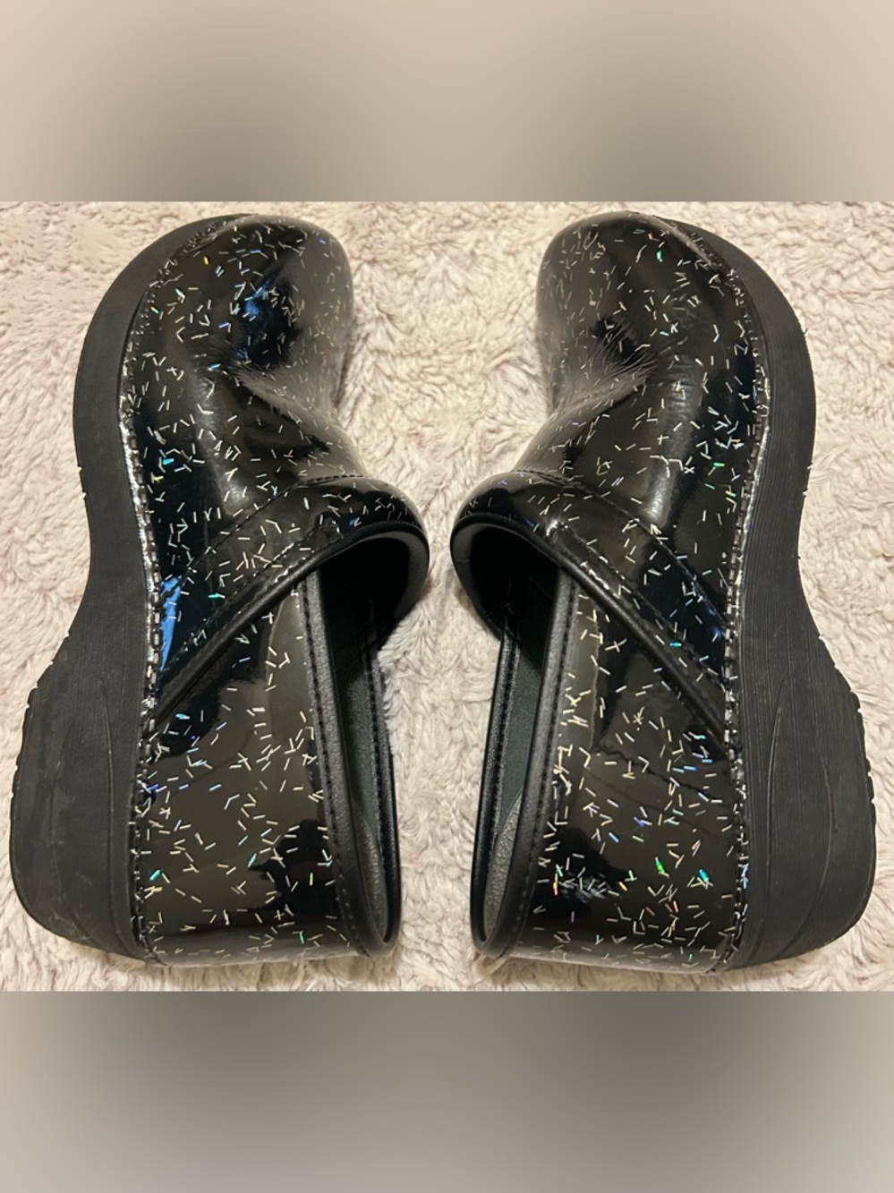Dansko Black Patent Clogs with Iridescent Speckle